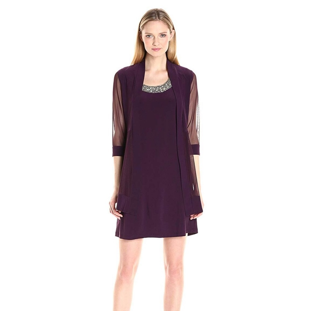 R&M Richards Women's Mesh Panel Beaded neck dress 2 piece plum 8